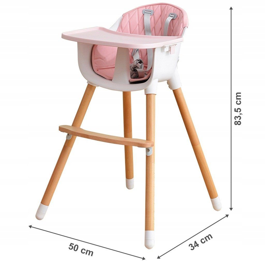 Scaun pentru hranire din lemn 2 in 1 idealSTORE Soft Pink Shine, Dimensiuni 83 x 50 x 34 cm, Accesorizat cu centura de siguranta in 5 puncte, Tava detasabila, Inaltime reglabila, Maxim 25 kg
