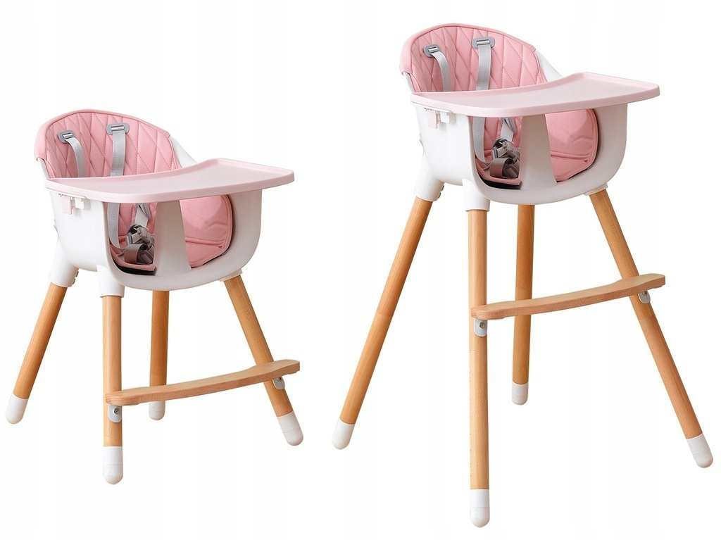 Scaun pentru hranire din lemn 2 in 1 idealSTORE Soft Pink Shine, Dimensiuni 83 x 50 x 34 cm, Accesorizat cu centura de siguranta in 5 puncte, Tava detasabila, Inaltime reglabila, Maxim 25 kg
