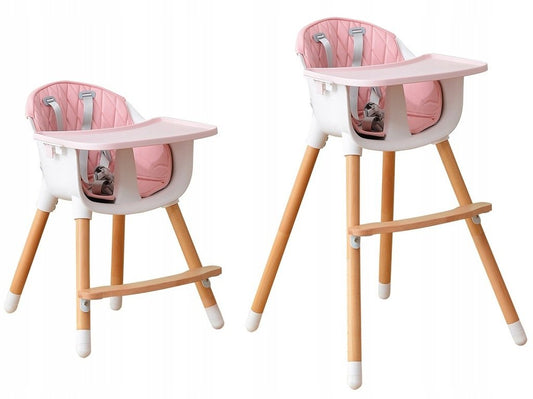 Scaun pentru hranire din lemn 2 in 1 idealSTORE Soft Pink Shine, Dimensiuni 83 x 50 x 34 cm, Accesorizat cu centura de siguranta in 5 puncte, Tava detasabila, Inaltime reglabila, Maxim 25 kg