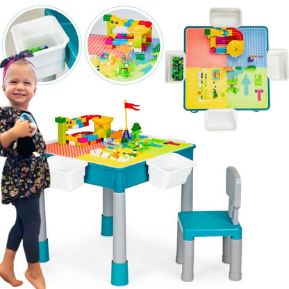 Masuta de joaca Multifunctionala cu Scaun idealSTORE, Dimensiuni 51 x 51 x 48 cm, Structura stabila si durabila, Include 4 containere laterale pentru blocuri, Blocuri incluse, Spatiu pentru depozitare, Perfect pentru a crea o opera de arta