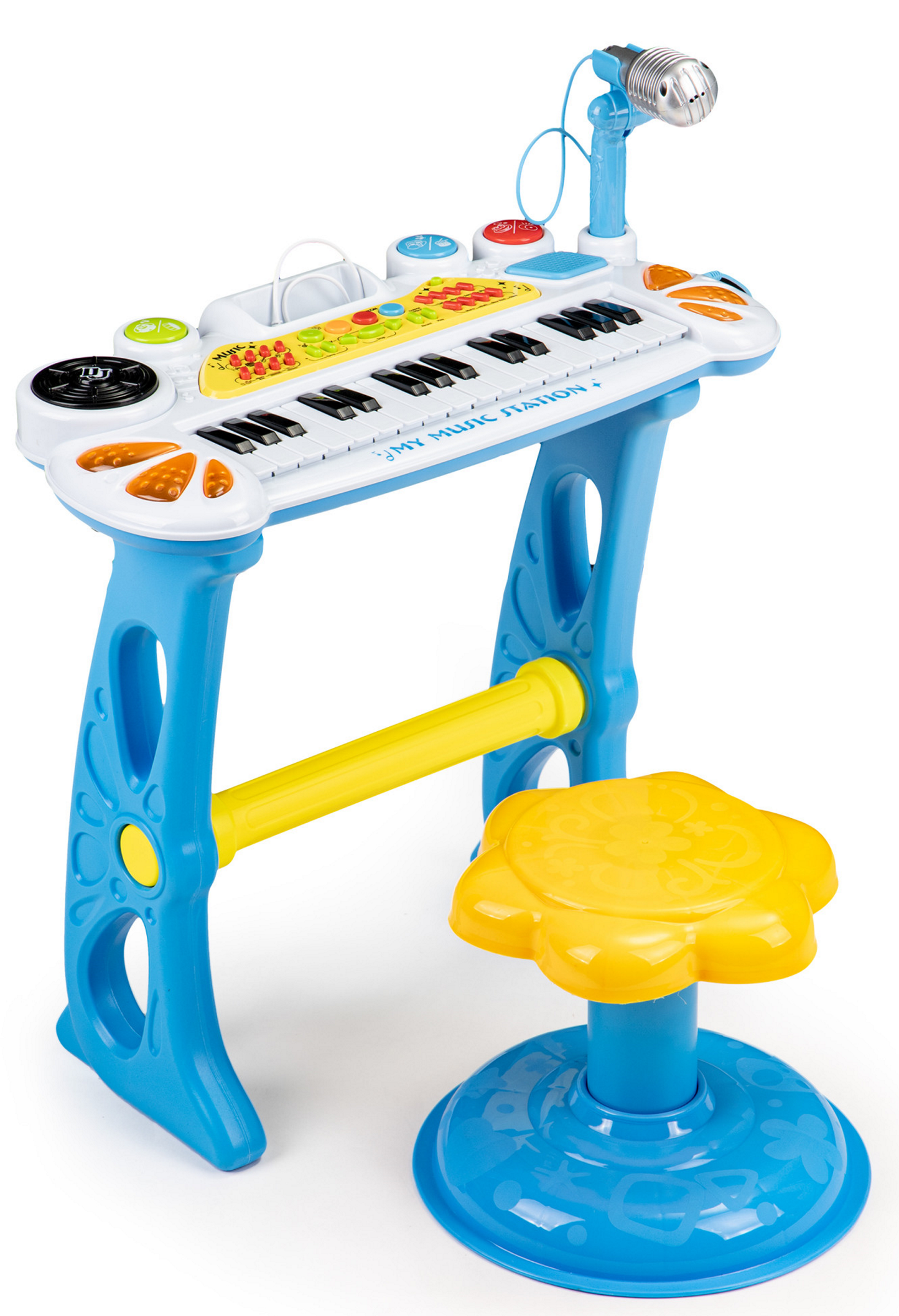 Orga Electrica cu Microfon Blue Singer idealStore, Melodii Pre Setate, MP3, Karaoke, Posibilitate de Inregistrare, 31 Taste, Scaunel Confortabil, Microfon Inclus