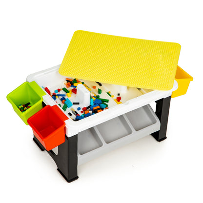 Masa de Joaca Little Player idealStore, Pliabila, Dimensiuni 67.5 x 35 x 30 cm, 300 Piese, Blat de Masa Detasabil, Suporturi Laterale Incluse, Posibilitate de Depozitare sub Masa, Materiale Rezistente si Sigure