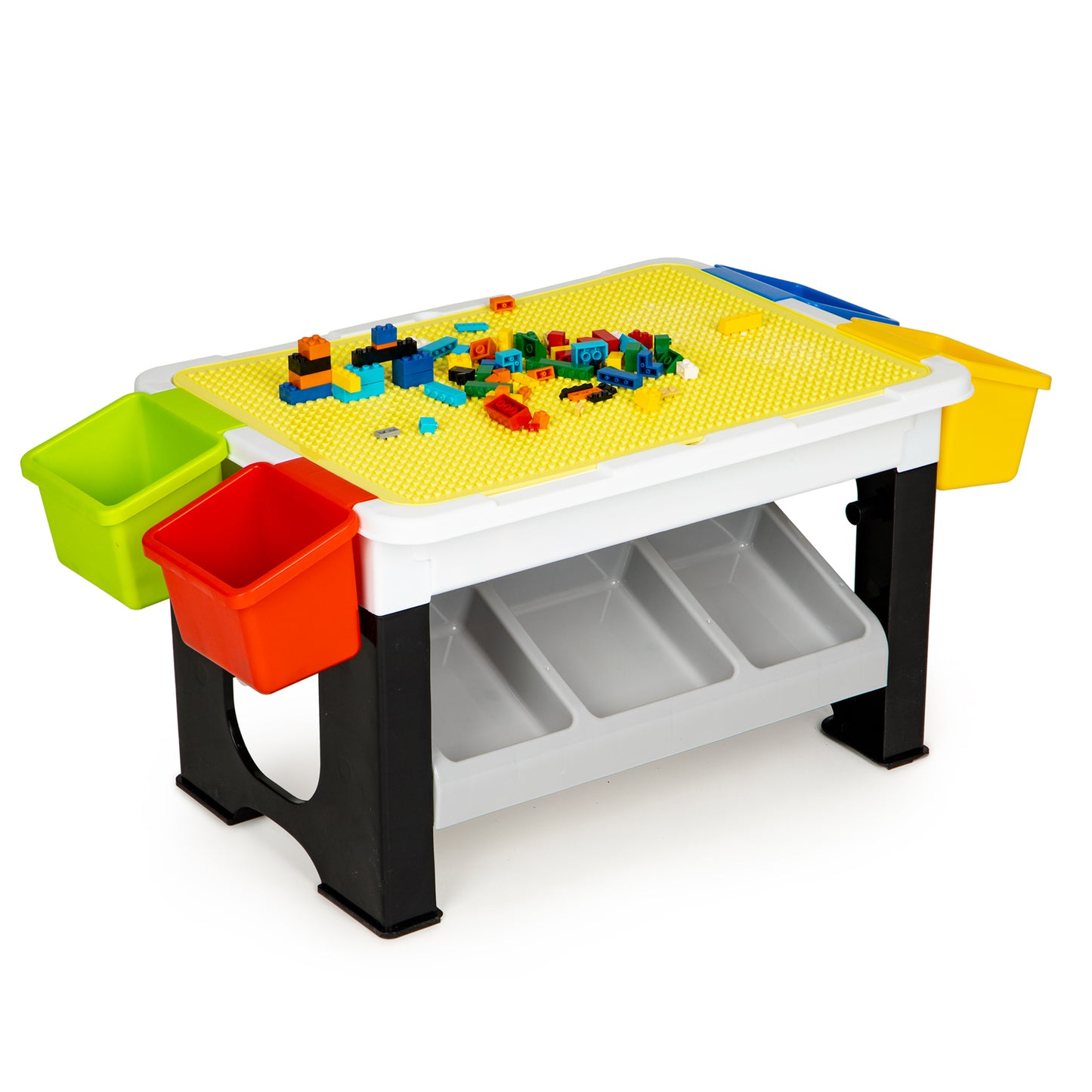 Masa de Joaca Little Player idealStore, Pliabila, Dimensiuni 67.5 x 35 x 30 cm, 300 Piese, Blat de Masa Detasabil, Suporturi Laterale Incluse, Posibilitate de Depozitare sub Masa, Materiale Rezistente si Sigure