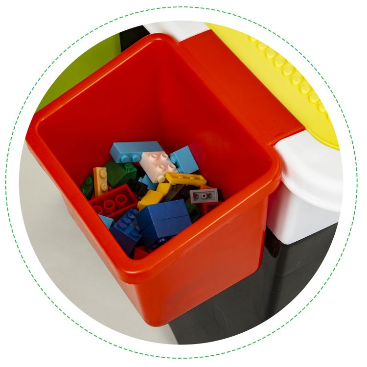 Masa de Joaca Little Player idealStore, Pliabila, Dimensiuni 67.5 x 35 x 30 cm, 300 Piese, Blat de Masa Detasabil, Suporturi Laterale Incluse, Posibilitate de Depozitare sub Masa, Materiale Rezistente si Sigure