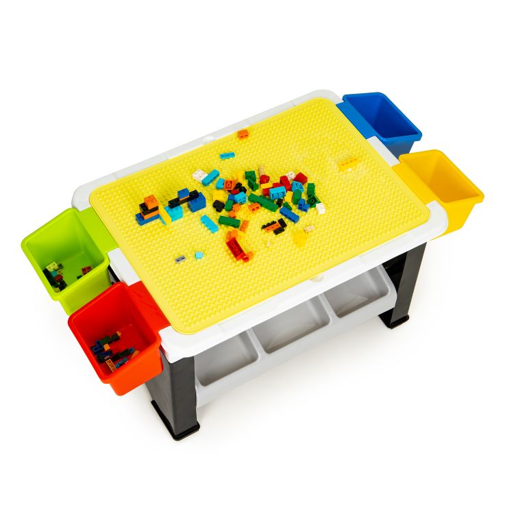 Masa de Joaca Little Player idealStore, Pliabila, Dimensiuni 67.5 x 35 x 30 cm, 300 Piese, Blat de Masa Detasabil, Suporturi Laterale Incluse, Posibilitate de Depozitare sub Masa, Materiale Rezistente si Sigure