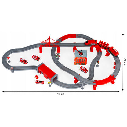 Tren Electric De Pompieri Red Fire idealStore, 92 Elemente, 4 Masinute de Salvare, Elicopter, Indicatoare Rutiere, Efecte Sonore, Stimuleaza Imaginatia