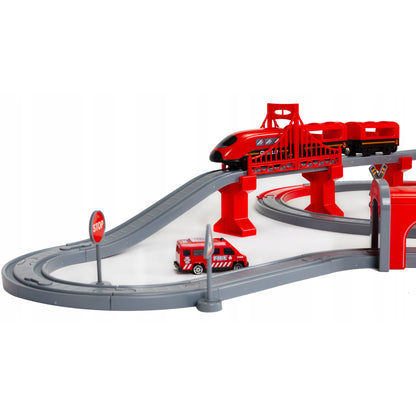 Tren Electric De Pompieri Red Fire idealStore, 92 Elemente, 4 Masinute de Salvare, Elicopter, Indicatoare Rutiere, Efecte Sonore, Stimuleaza Imaginatia