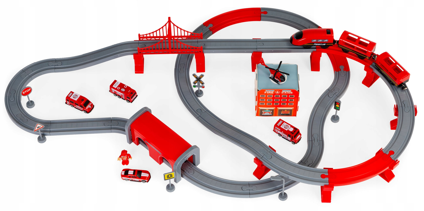 Tren Electric De Pompieri Red Fire idealStore, 92 Elemente, 4 Masinute de Salvare, Elicopter, Indicatoare Rutiere, Efecte Sonore, Stimuleaza Imaginatia