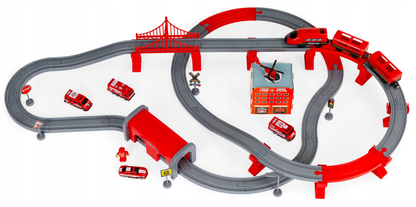 Tren Electric De Pompieri Red Fire idealStore, 92 Elemente, 4 Masinute de Salvare, Elicopter, Indicatoare Rutiere, Efecte Sonore, Stimuleaza Imaginatia