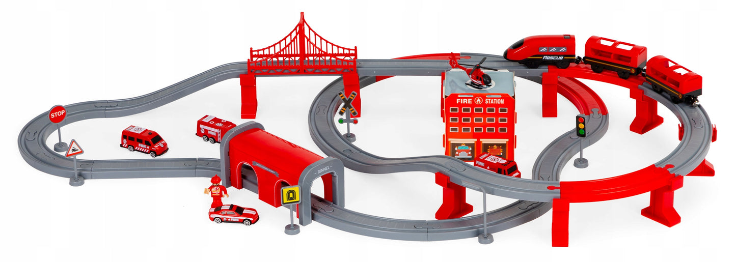 Tren Electric De Pompieri Red Fire idealStore, 92 Elemente, 4 Masinute de Salvare, Elicopter, Indicatoare Rutiere, Efecte Sonore, Stimuleaza Imaginatia