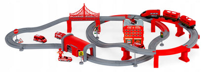 Tren Electric De Pompieri Red Fire idealStore, 92 Elemente, 4 Masinute de Salvare, Elicopter, Indicatoare Rutiere, Efecte Sonore, Stimuleaza Imaginatia