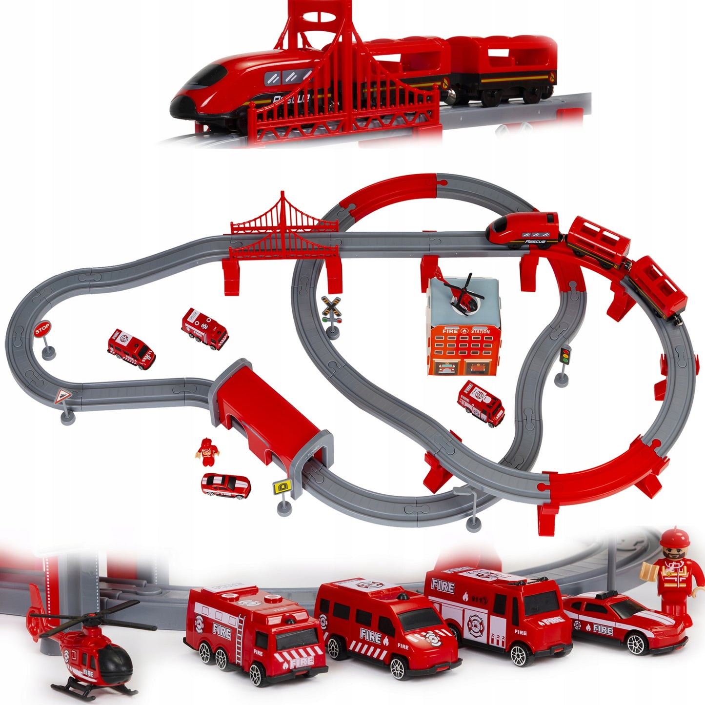 Tren Electric De Pompieri Red Fire idealStore, 92 Elemente, 4 Masinute de Salvare, Elicopter, Indicatoare Rutiere, Efecte Sonore, Stimuleaza Imaginatia