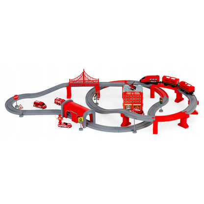 Tren Electric De Pompieri Red Fire idealStore, 92 Elemente, 4 Masinute de Salvare, Elicopter, Indicatoare Rutiere, Efecte Sonore, Stimuleaza Imaginatia