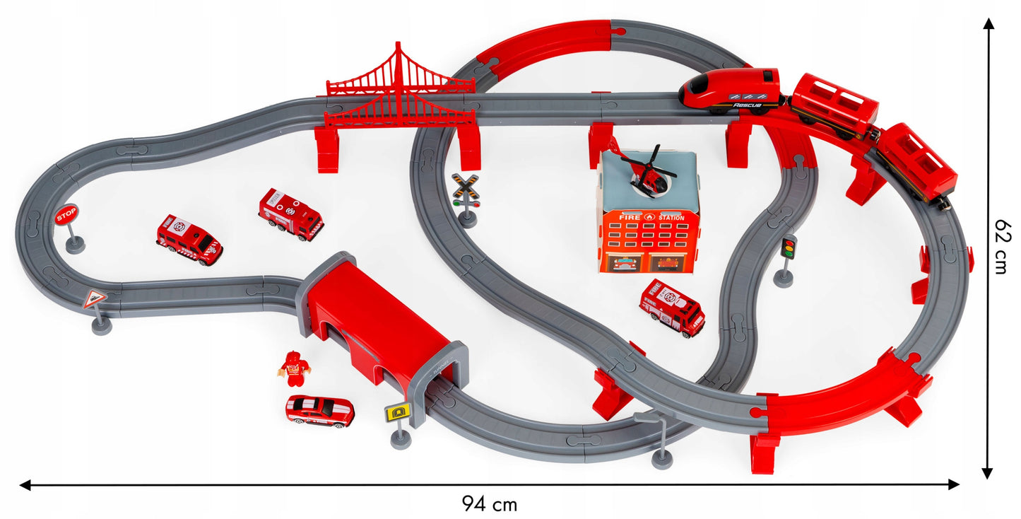 Tren Electric De Pompieri Red Fire idealStore, 92 Elemente, 4 Masinute de Salvare, Elicopter, Indicatoare Rutiere, Efecte Sonore, Stimuleaza Imaginatia
