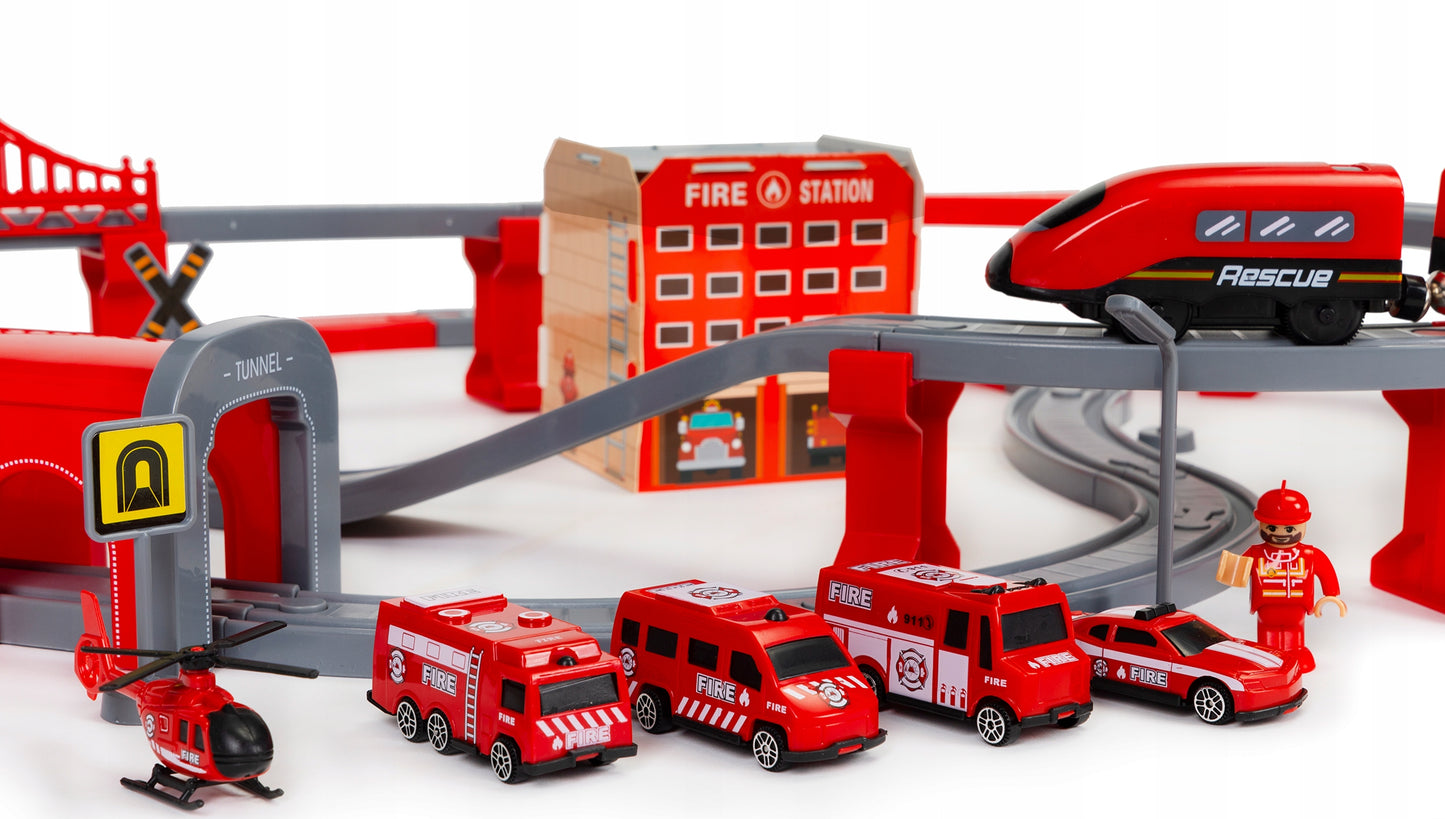 Tren Electric De Pompieri Red Fire idealStore, 92 Elemente, 4 Masinute de Salvare, Elicopter, Indicatoare Rutiere, Efecte Sonore, Stimuleaza Imaginatia