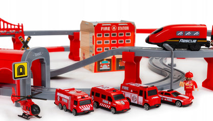 Tren Electric De Pompieri Red Fire idealStore, 92 Elemente, 4 Masinute de Salvare, Elicopter, Indicatoare Rutiere, Efecte Sonore, Stimuleaza Imaginatia
