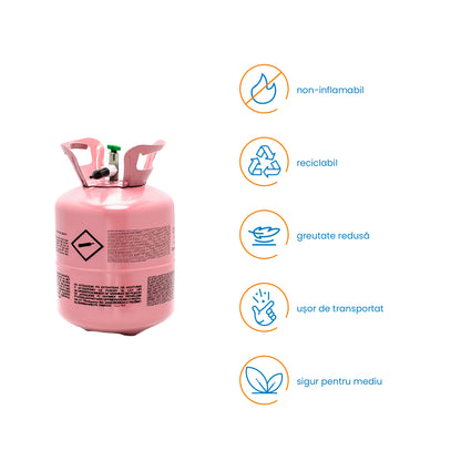 Butelie cu Heliu Party Time IdealSTORE, potrivita pentru toate tipurile de baloane, usor de folosit, include reductor, capacitate 0,2 m3, ideala pentru petreceri, roz