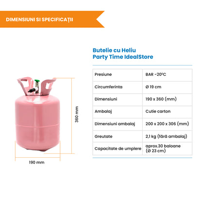 Butelie cu Heliu Party Time IdealSTORE, potrivita pentru toate tipurile de baloane, usor de folosit, include reductor, capacitate 0,2 m3, ideala pentru petreceri, roz