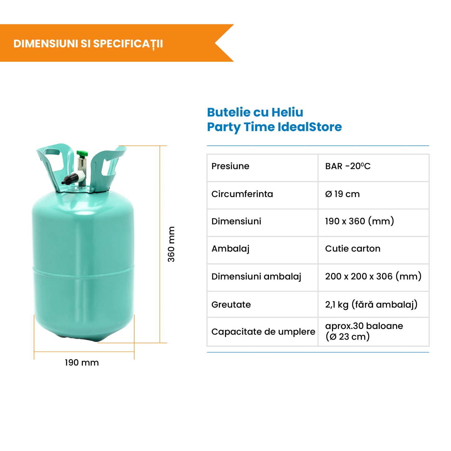 Butelie cu Heliu IdealSTORE, potrivita pentru toate tipurile de baloane, usor de folosit, include reductor, capacitate 0,2 m3, ideala pentru petreceri, verde