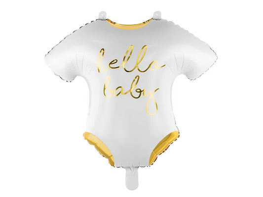 Balon Hello Baby IdealStore, Din folie in forma de body, De culoare alb cu impriumeu auriu metalic, Dimensiune 51 x 45 cm, Poate fi umflat atat cu Aer cat si cu Heliu, Ideal pentru petrecerea bebelusului