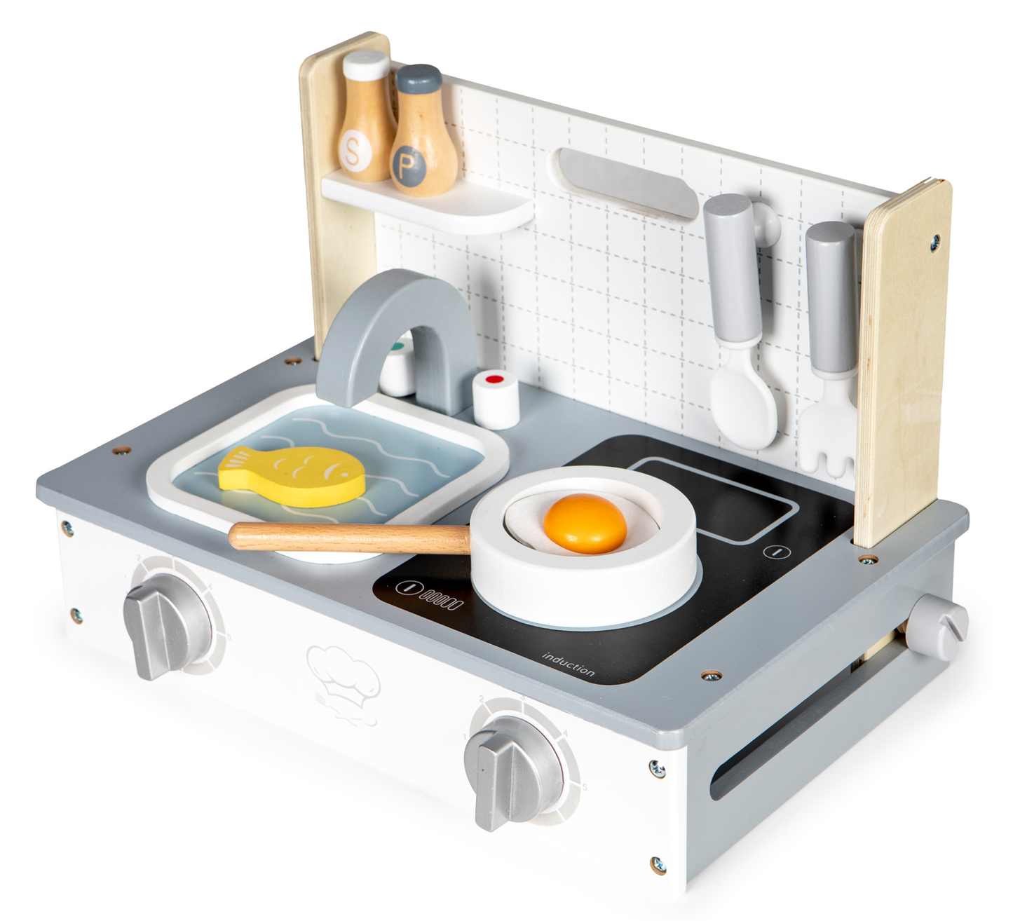 Mini bucatarie din lemn idealSTORE Easy Cook Chef, Dimensiuni 34 x 21 x 22.5 cm, Echipata cu 7 accesorii, Reflecta perfect caracterul unei bucatarii adevarate