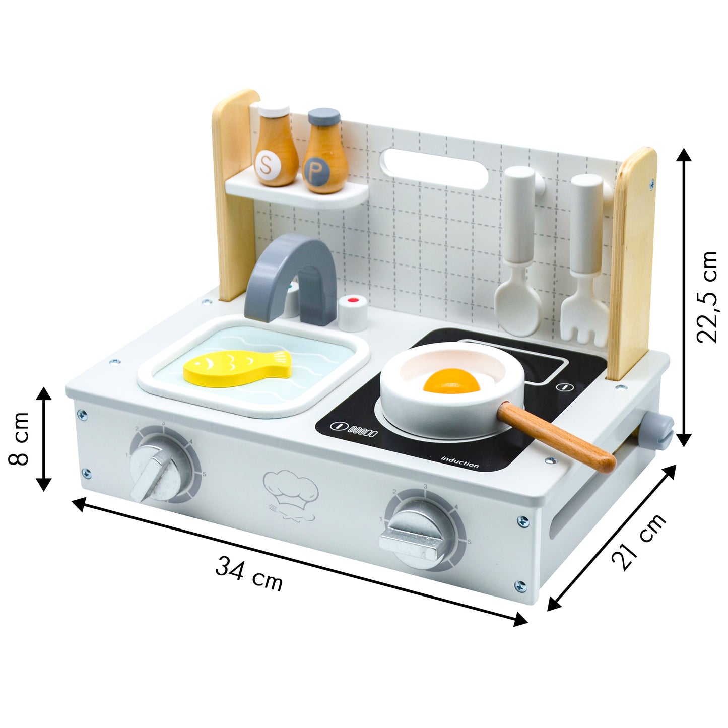 Mini bucatarie din lemn idealSTORE Easy Cook Chef, Dimensiuni 34 x 21 x 22.5 cm, Echipata cu 7 accesorii, Reflecta perfect caracterul unei bucatarii adevarate