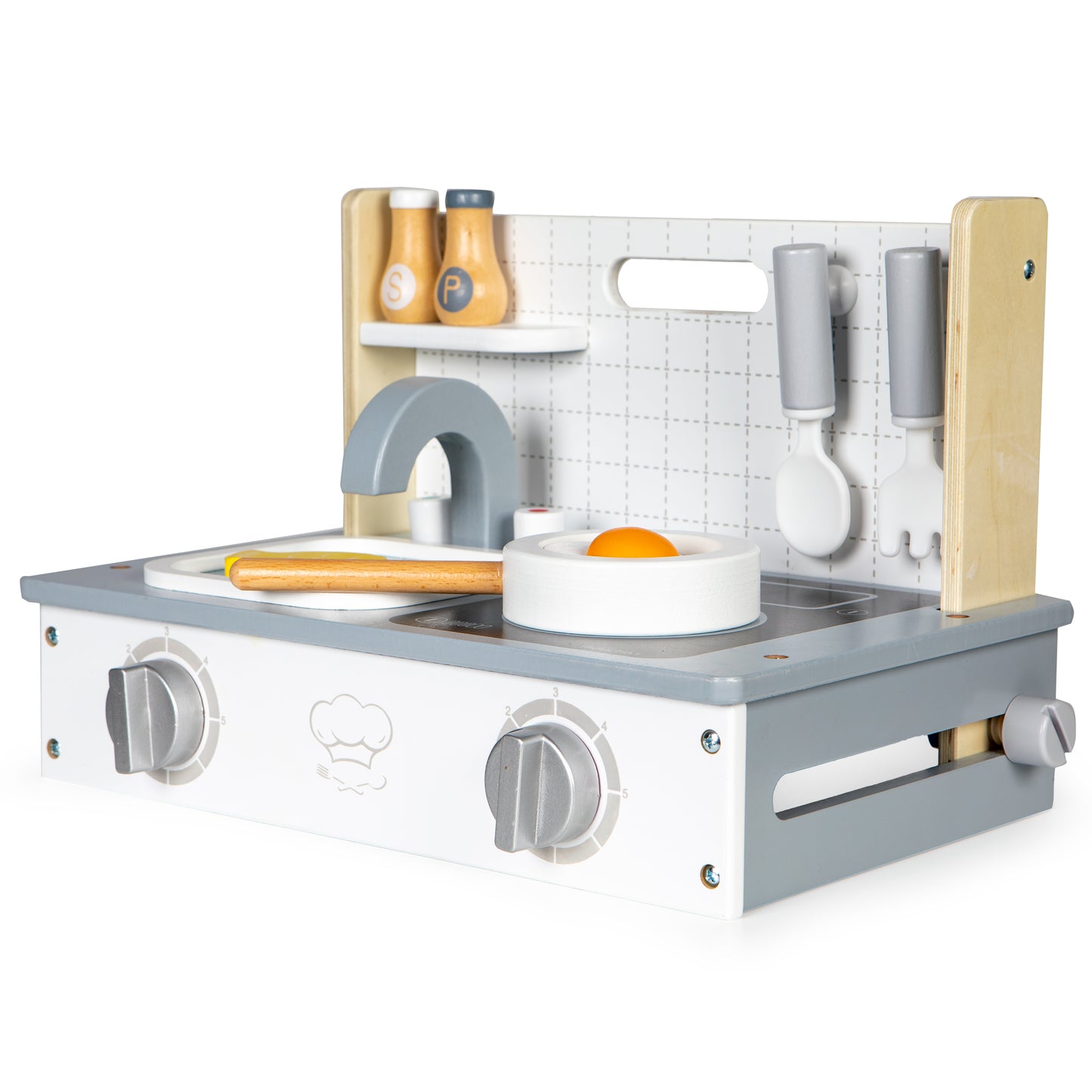 Mini bucatarie din lemn idealSTORE Easy Cook Chef, Dimensiuni 34 x 21 x 22.5 cm, Echipata cu 7 accesorii, Reflecta perfect caracterul unei bucatarii adevarate