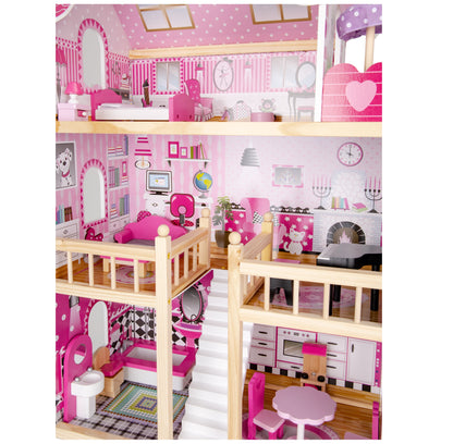 Casuta de papusi din lemn idealSTORE FAIRY HOUSE, Dimensiuni : 59 x 30 x 90 cm, Construita pe 3 nivele, Include 17 mobiliere din lemn, Banda LED, Masa, Canapea, Pian, Pat, Un decor minunat pentru camera fiecarui copil
