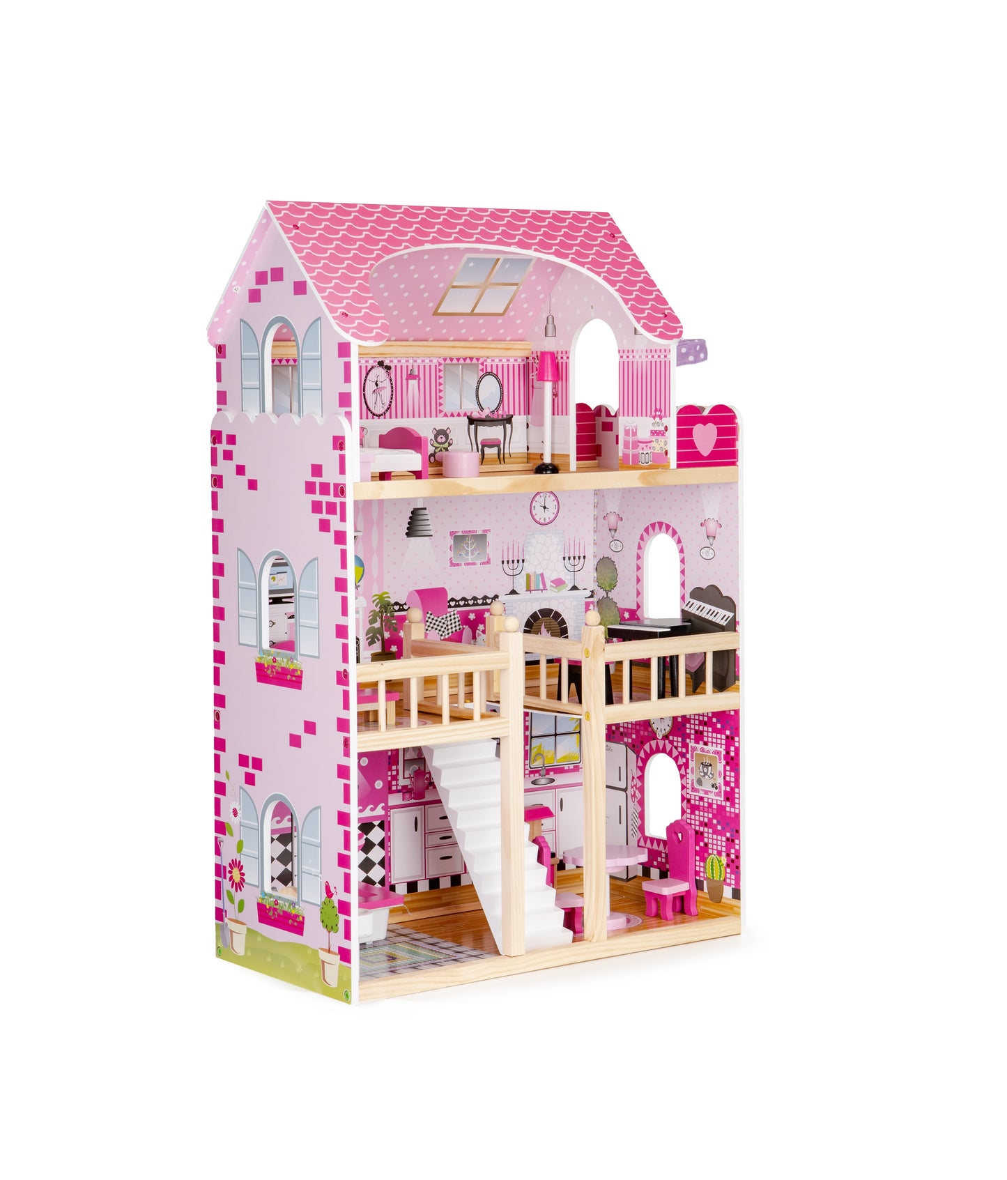 Casuta de papusi din lemn idealSTORE FAIRY HOUSE, Dimensiuni : 59 x 30 x 90 cm, Construita pe 3 nivele, Include 17 mobiliere din lemn, Banda LED, Masa, Canapea, Pian, Pat, Un decor minunat pentru camera fiecarui copil