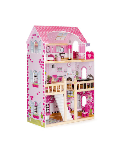 Casuta de papusi din lemn idealSTORE FAIRY HOUSE, Dimensiuni : 59 x 30 x 90 cm, Construita pe 3 nivele, Include 17 mobiliere din lemn, Banda LED, Masa, Canapea, Pian, Pat, Un decor minunat pentru camera fiecarui copil