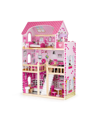 Casuta de papusi din lemn idealSTORE FAIRY HOUSE, Dimensiuni : 59 x 30 x 90 cm, Construita pe 3 nivele, Include 17 mobiliere din lemn, Banda LED, Masa, Canapea, Pian, Pat, Un decor minunat pentru camera fiecarui copil