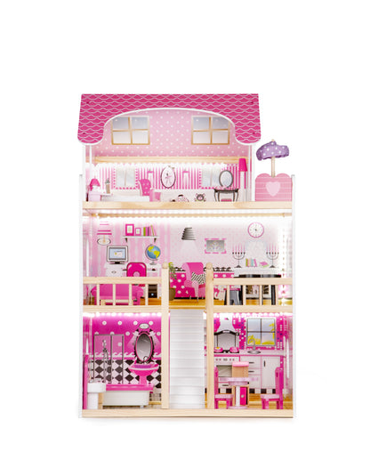 Casuta de papusi din lemn idealSTORE FAIRY HOUSE, Dimensiuni : 59 x 30 x 90 cm, Construita pe 3 nivele, Include 17 mobiliere din lemn, Banda LED, Masa, Canapea, Pian, Pat, Un decor minunat pentru camera fiecarui copil
