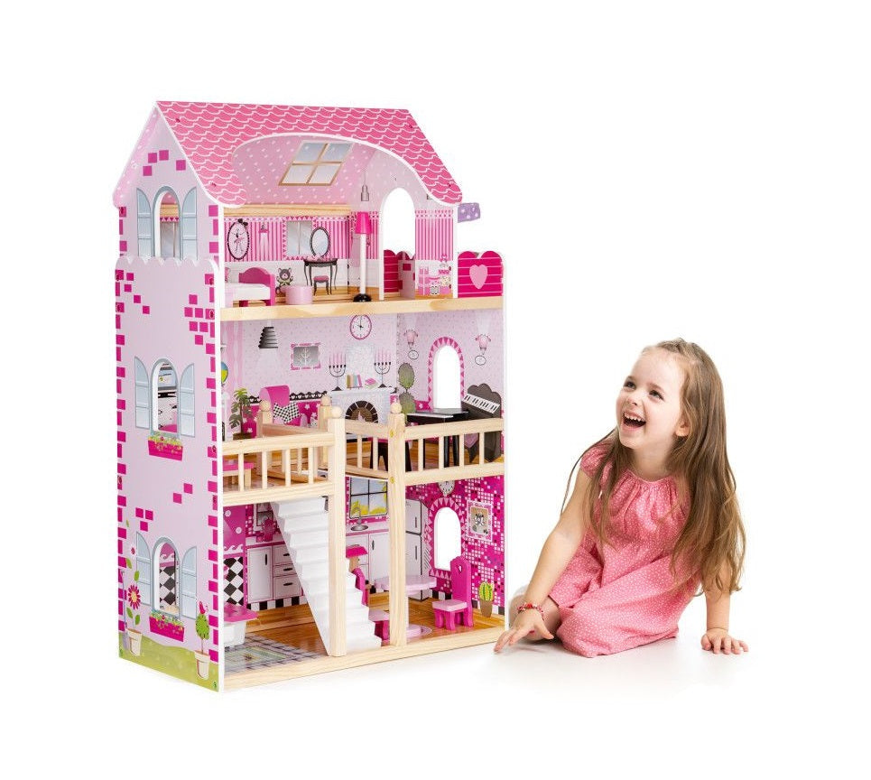 Casuta de papusi din lemn idealSTORE FAIRY HOUSE, Dimensiuni : 59 x 30 x 90 cm, Construita pe 3 nivele, Include 17 mobiliere din lemn, Banda LED, Masa, Canapea, Pian, Pat, Un decor minunat pentru camera fiecarui copil