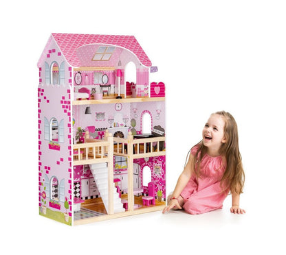 Casuta de papusi din lemn idealSTORE FAIRY HOUSE, Dimensiuni : 59 x 30 x 90 cm, Construita pe 3 nivele, Include 17 mobiliere din lemn, Banda LED, Masa, Canapea, Pian, Pat, Un decor minunat pentru camera fiecarui copil