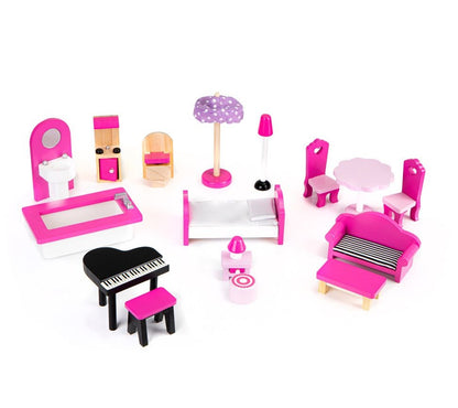 Casuta de papusi din lemn idealSTORE FAIRY HOUSE, Dimensiuni : 59 x 30 x 90 cm, Construita pe 3 nivele, Include 17 mobiliere din lemn, Banda LED, Masa, Canapea, Pian, Pat, Un decor minunat pentru camera fiecarui copil