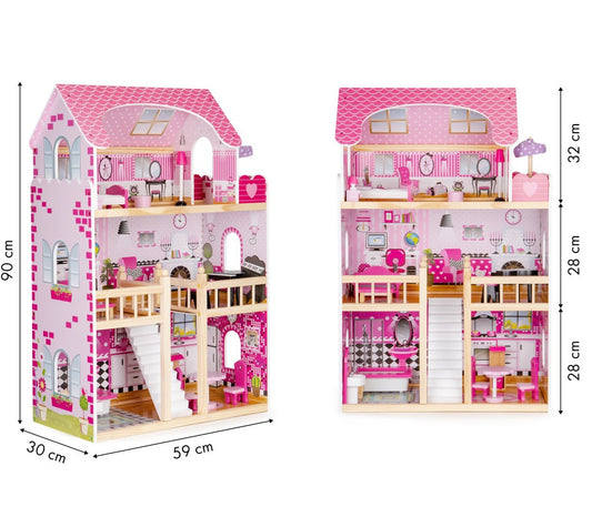 Casuta de papusi din lemn idealSTORE FAIRY HOUSE, Dimensiuni : 59 x 30 x 90 cm, Construita pe 3 nivele, Include 17 mobiliere din lemn, Banda LED, Masa, Canapea, Pian, Pat, Un decor minunat pentru camera fiecarui copil