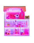 Casuta de papusi din lemn THE PRINCESS'S PALACE idealSTORE, Dimensiuni 60 x 27 x 79 cm, Structura pe 3 nivele, 5 camere distincte, Include 8 mobiliere din lemn, Banda led si o telecomanda pentru culoarea luminii