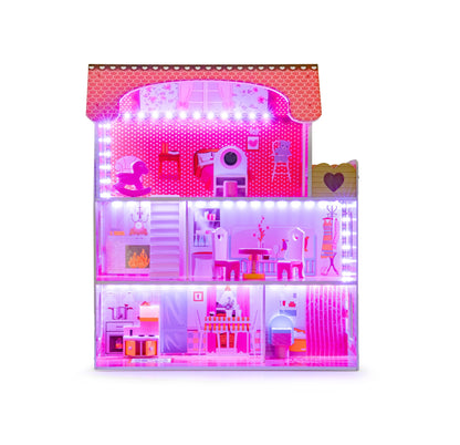 Casuta de papusi din lemn THE PRINCESS'S PALACE idealSTORE, Dimensiuni 60 x 27 x 79 cm, Structura pe 3 nivele, 5 camere distincte, Include 8 mobiliere din lemn, Banda led si o telecomanda pentru culoarea luminii