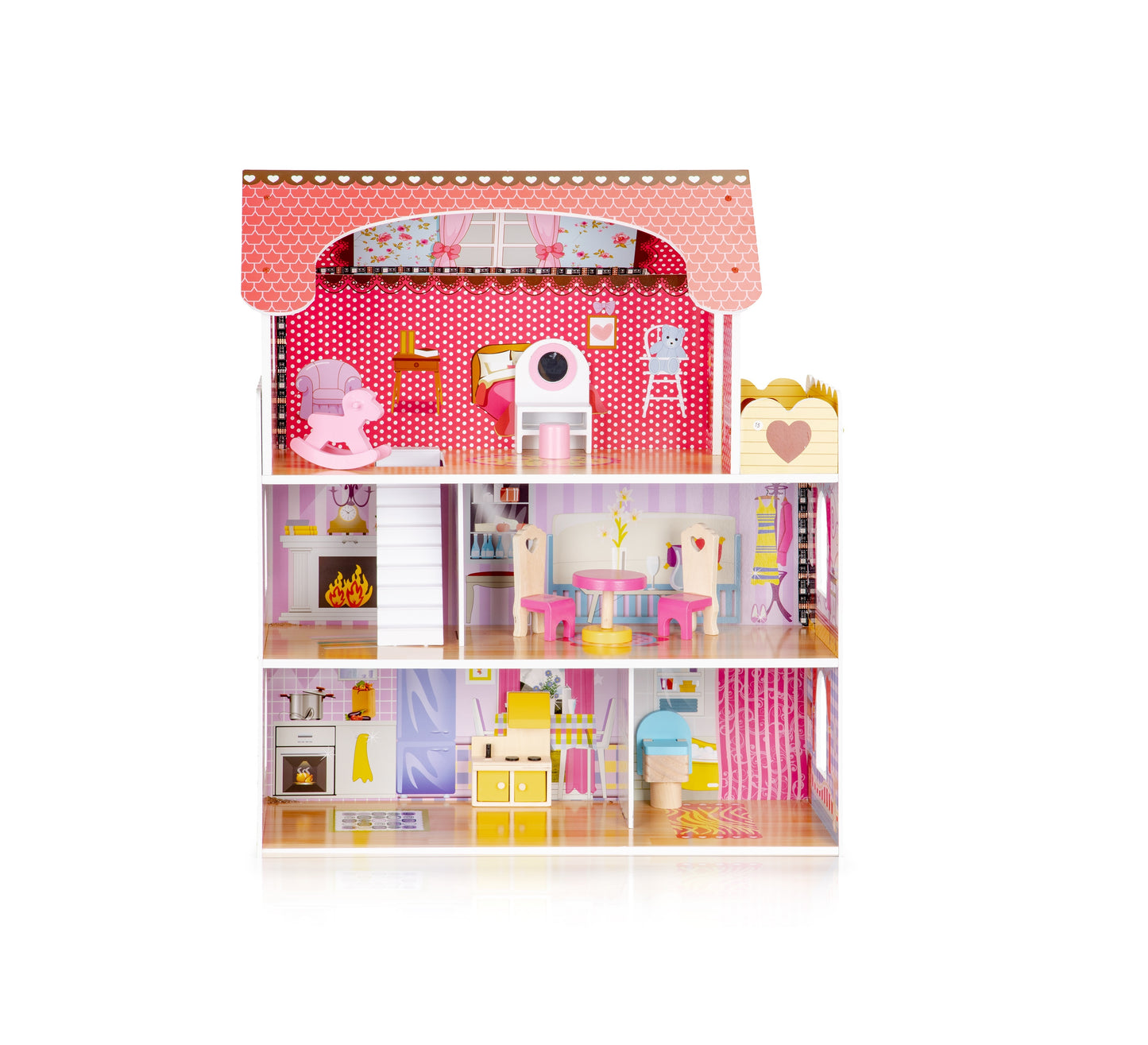 Casuta de papusi din lemn THE PRINCESS'S PALACE idealSTORE, Dimensiuni 60 x 27 x 79 cm, Structura pe 3 nivele, 5 camere distincte, Include 8 mobiliere din lemn, Banda led si o telecomanda pentru culoarea luminii