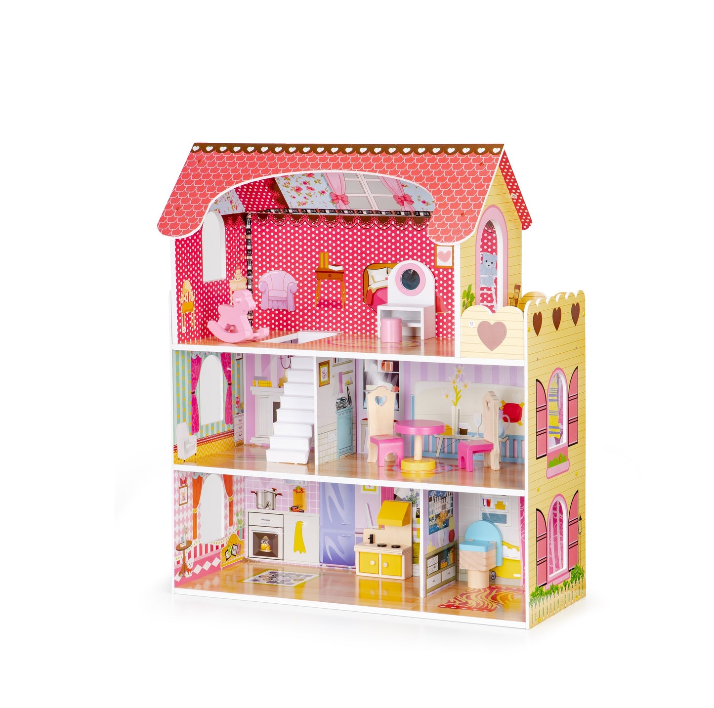 Casuta de papusi din lemn THE PRINCESS'S PALACE idealSTORE, Dimensiuni 60 x 27 x 79 cm, Structura pe 3 nivele, 5 camere distincte, Include 8 mobiliere din lemn, Banda led si o telecomanda pentru culoarea luminii