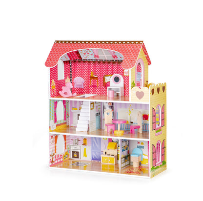 Casuta de papusi din lemn THE PRINCESS'S PALACE idealSTORE, Dimensiuni 60 x 27 x 79 cm, Structura pe 3 nivele, 5 camere distincte, Include 8 mobiliere din lemn, Banda led si o telecomanda pentru culoarea luminii
