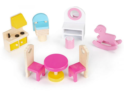 Casuta de papusi din lemn THE PRINCESS'S PALACE idealSTORE, Dimensiuni 60 x 27 x 79 cm, Structura pe 3 nivele, 5 camere distincte, Include 8 mobiliere din lemn, Banda led si o telecomanda pentru culoarea luminii