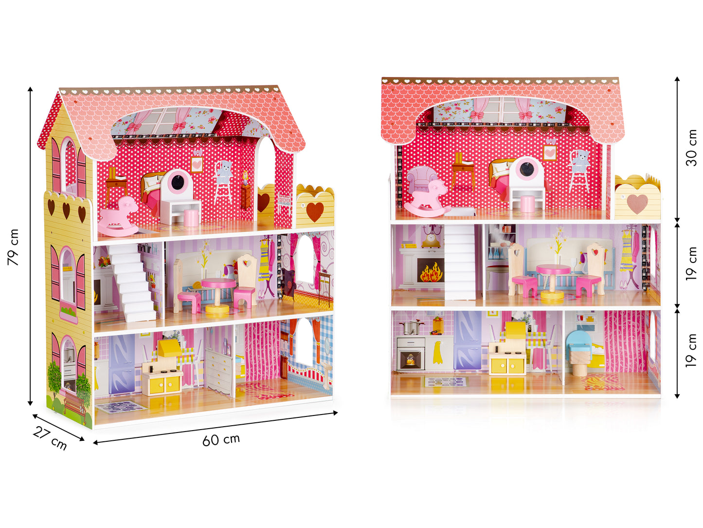 Casuta de papusi din lemn THE PRINCESS'S PALACE idealSTORE, Dimensiuni 60 x 27 x 79 cm, Structura pe 3 nivele, 5 camere distincte, Include 8 mobiliere din lemn, Banda led si o telecomanda pentru culoarea luminii