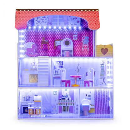 Casuta de papusi din lemn THE PRINCESS'S PALACE idealSTORE, Dimensiuni 60 x 27 x 79 cm, Structura pe 3 nivele, 5 camere distincte, Include 8 mobiliere din lemn, Banda led si o telecomanda pentru culoarea luminii