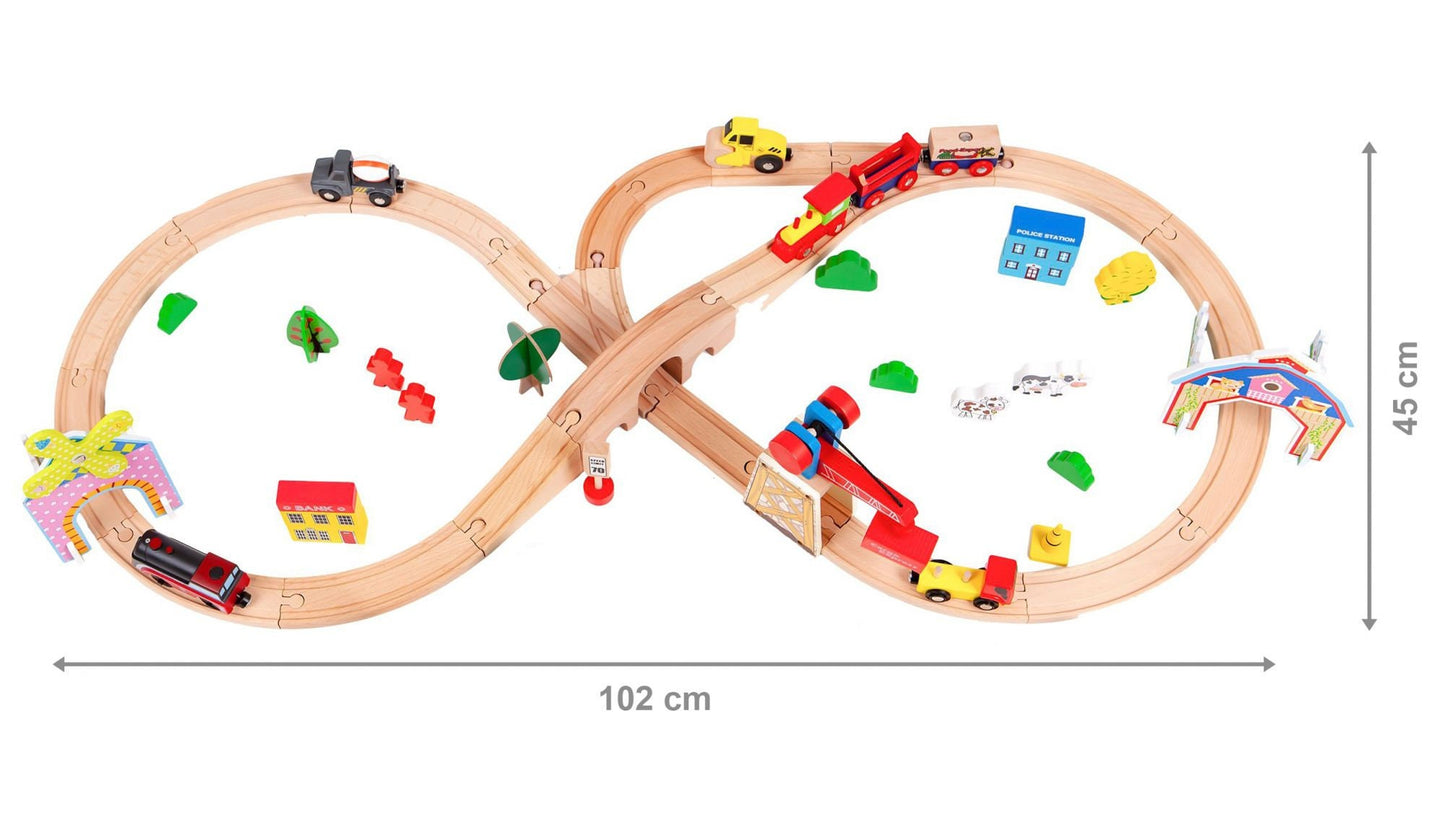 Pista Multifunctionala din Lemn Natural The Small Town idealSTORE, Include 76 elemente Interesante, Vehicule, Indicatoare Rutiere, Cladiri, Locomotiva Electrica, Stimuleaza Abilitatile Motorii ale copilului