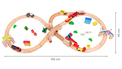 Pista Multifunctionala din Lemn Natural The Small Town idealSTORE, Include 76 elemente Interesante, Vehicule, Indicatoare Rutiere, Cladiri, Locomotiva Electrica, Stimuleaza Abilitatile Motorii ale copilului