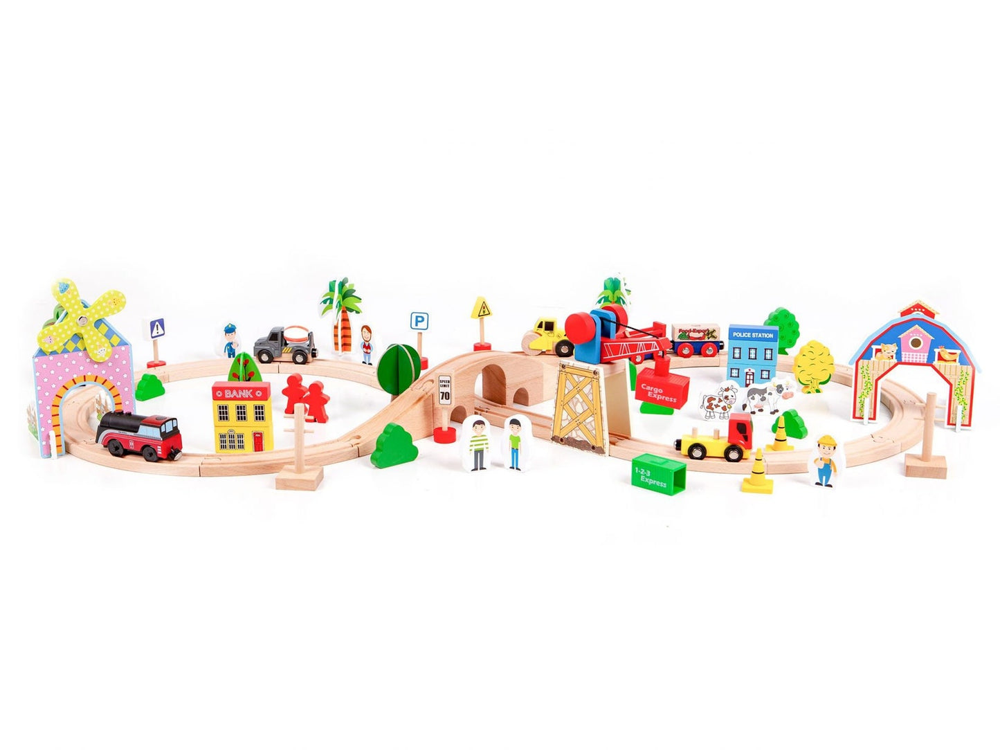 Pista Multifunctionala din Lemn Natural The Small Town idealSTORE, Include 76 elemente Interesante, Vehicule, Indicatoare Rutiere, Cladiri, Locomotiva Electrica, Stimuleaza Abilitatile Motorii ale copilului