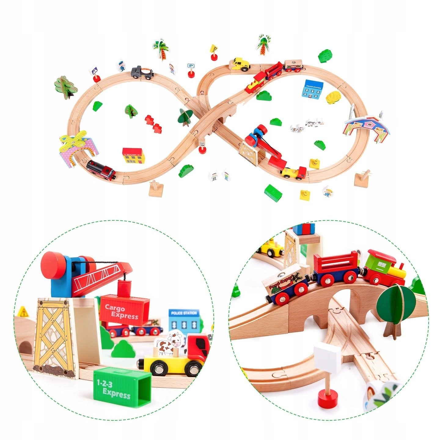 Pista Multifunctionala din Lemn Natural The Small Town idealSTORE, Include 76 elemente Interesante, Vehicule, Indicatoare Rutiere, Cladiri, Locomotiva Electrica, Stimuleaza Abilitatile Motorii ale copilului