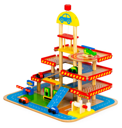 Garaj cu lift si masinute Ecotoys, Lemn, 3+ ani, Multicolor