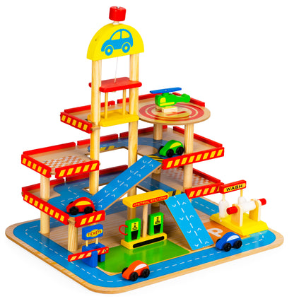 Garaj cu lift si masinute Ecotoys, Lemn, 3+ ani, Multicolor